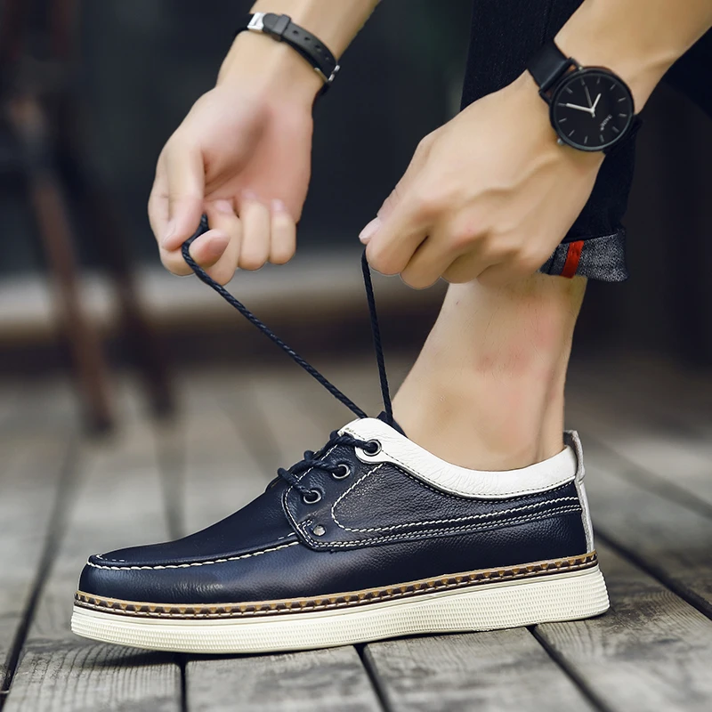 

Spring/Autumn Men Youth Casual Footwear Black Blue Leather Shoes For Mens Brand Casual Male Shoes Comfortable Walking Shoes Men