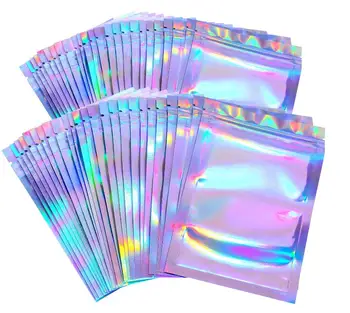 

50 PCS Holographic Packaging Ziplock Resealable Smell Proof Bags Foil Flat Bag for Candy Jewelry Eyelashes Storage Packaging