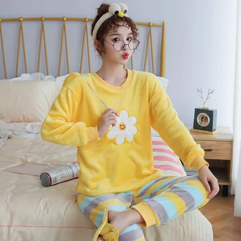 

2019 Winter Hot Thick Women Coral Velvet Pajama Set Home Wear Sleepwear Suit Warm Soft Korean Cute Rabbit Two Pieces Suits Girl
