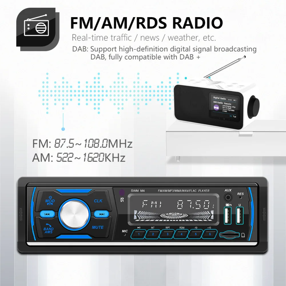 M4 Bluetooth Autoradio 1 DIN Car Stereo MP3 Player USB AUX FM AM RDS DAB DAB+ Radio Receiver TF Card U Disk In Dash Head Unit