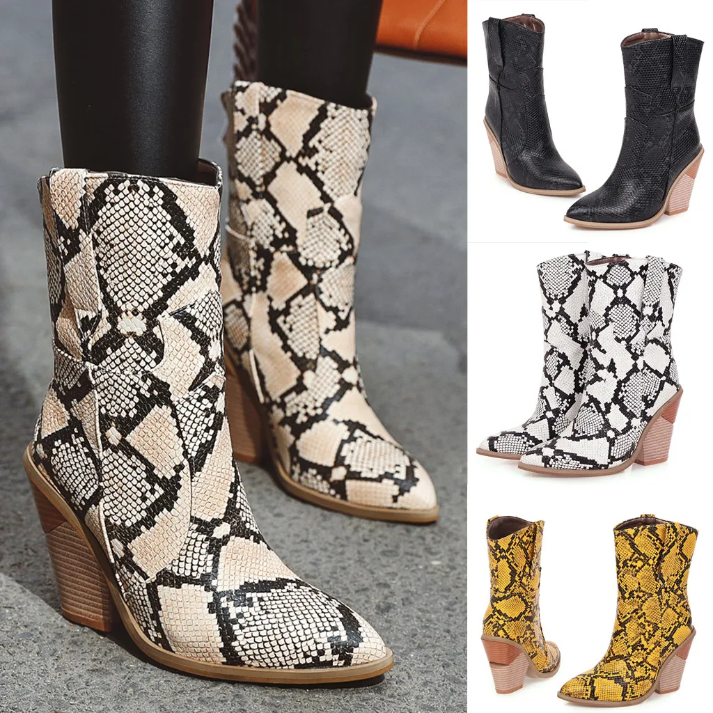 Сапоги SAGACE женские на молнии со змеиным принтом ботильоны квадратном каблуке