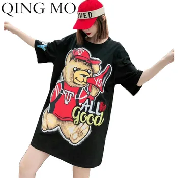 

QING MO Cartoon Print T-shirt Dress Letter Sequin Women Dress 2020 Summer Women Long T-shirt Short Sleeve Mini Dress QYF014A