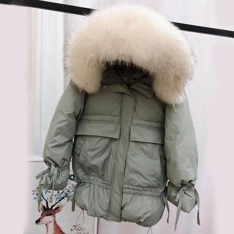 

2020 Women's Winter White Duck Down Jackets Medium Long Slim Coats Big Natural Raccoon Fur Hooded Warm Parkas Outwear
