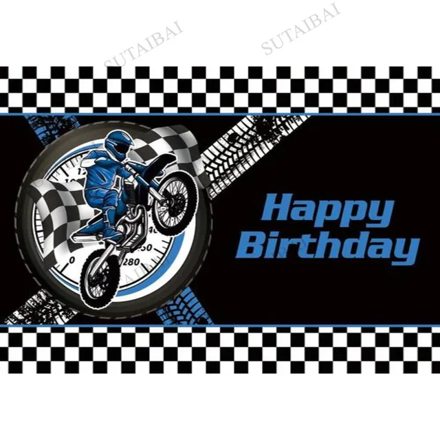 Motorcycle Race Theme Photo Background Happy Birthday Car Boy Party Decor Wallpaper Baby Shower Event Mesh Backdrop sky blue