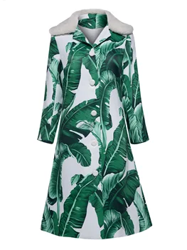 

Women wool blend long coat Overcoat Button Plant Color whiter Block Lapel Print Green leaf Fashion Top Female Girls lady office