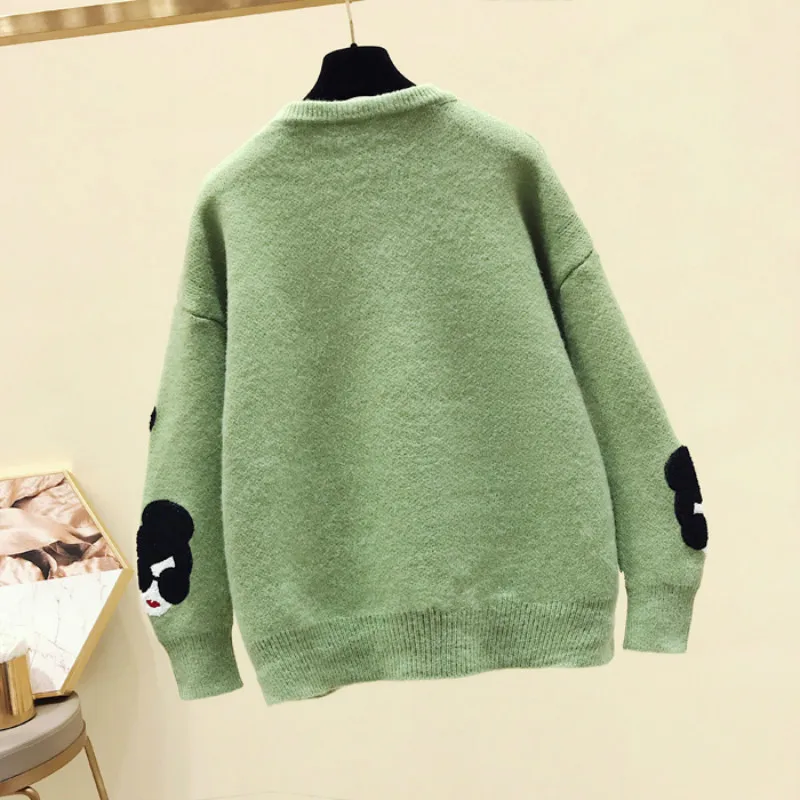 Pull Femme,, зима-осень, большой размер, вязаный свитер для женщин, рукав-фонарик, вышивка, рисунок из мультфильма, плотные пуловеры, джемпер