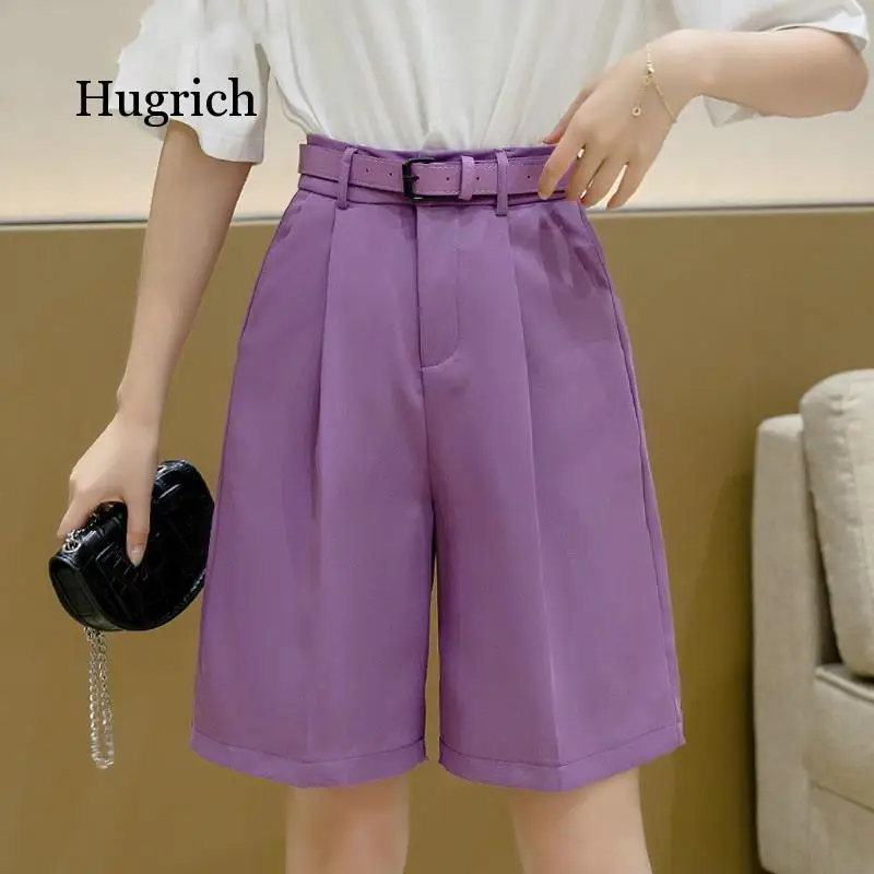 New 2021 Wide Leg Loose Bermuda Shorts for Women High Waist Purple or Black Cotton Shorts Free Belt High Quality Bermuda Femme