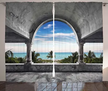 

Ocean Window Curtains Beach and Palm Tree View from an Abandoned Mansion Coastal Charm Peaceful Image Living Room Bedroom Decor