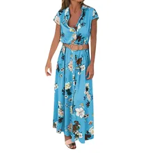 Женская летняя юбка Бохо Повседневная печать плюс размер длинные юбки модные короткие рукава v-образным вырезом Вечерние пляжные праздничные женские юбки vestidos