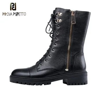 

Prova Perfetto 2019 Genuine Leather Woman Boots Lace Up Western Boots Chain Low Heel Shoes Side Zip Shoes Woman botas Feminina