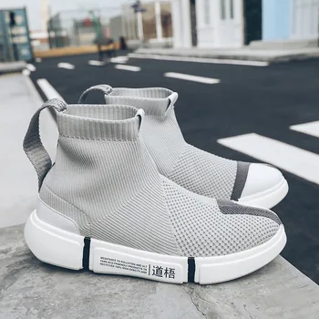 

2019 spring summer high top running shoes for men breathable fly woven sports shoes outdoor slip on trainers