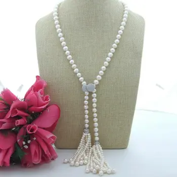 

36'' White Freshwater Pearl Fringle Necklace CZ Clasp