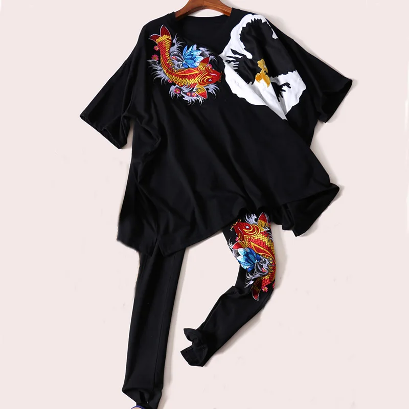 

Autumn The New black two piece set Casual style embroidery fish Bat Loose Short sleeve +Slim Pants 2 piece set women S-2XL