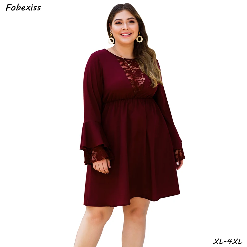 

Elegant Red Party Dress Women 2019 Fall New Ruffle Long Sleeve Sexy Lace Mini Dress Women Plus Size 4XL Loose Short Dress