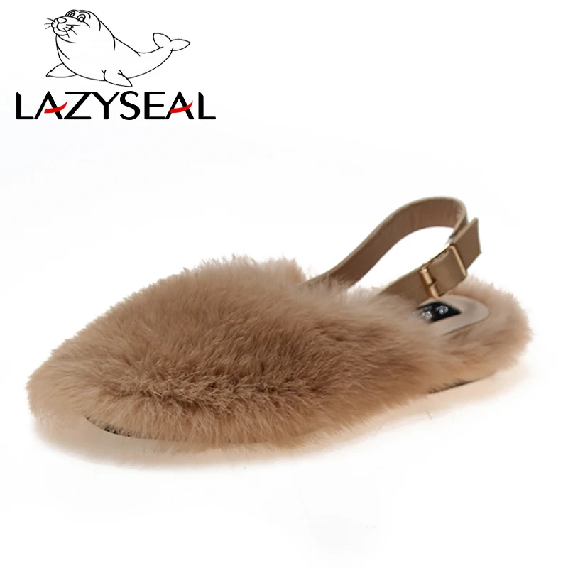 LazySeal/Теплые Зимние Повседневные тапочки с натуральным животным мехом; женская обувь; женские шлепанцы; меховые пушистые тапочки; женская теплая обувь