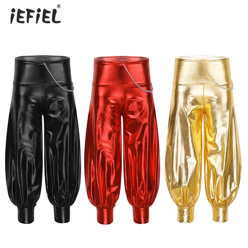 

Kids Girls Shiny Metallic Harem Dance Pants Elastic High Waist with Chain Loose Hip Hop Trousers Children's Streetwear Dancewear