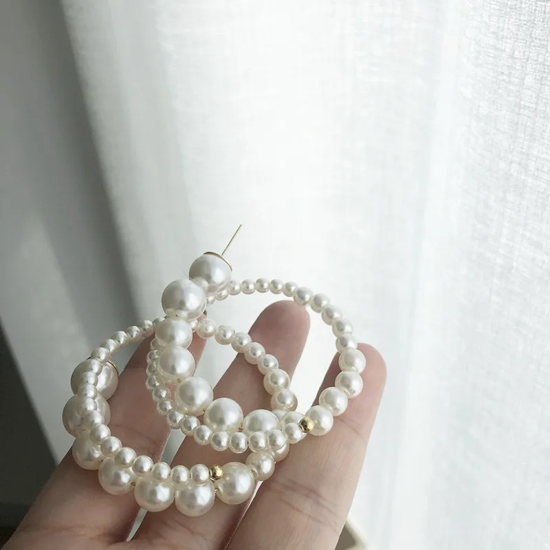 

5CM Pearl Hoop Earrings For Women Double-deck Exaggerates Oversize Pearl Big Circle Ear Rings Earrings Fashion Jewelry