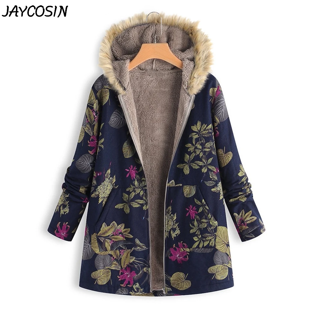 JAYCOSIN, Женская куртка, плюшевое пальто, меховой воротник, куртки с капюшоном, зимняя теплая верхняя одежда, цветочный принт, карман на молнии, винтажное пальто большого размера
