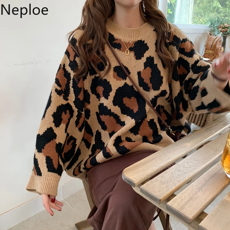 Neploe женский свитер с леопардовой раскраской осень зима длинный рукав o-образный вырез вязаный объемный пуловер Джемперы Casaco Feminino 54792
