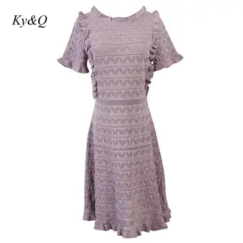 

High Quality Fashion Elegant Short Sleeve Dress 2020 Summer New Women Round Neck Wave Stripe Ruffles Stitching Party Dress Tide