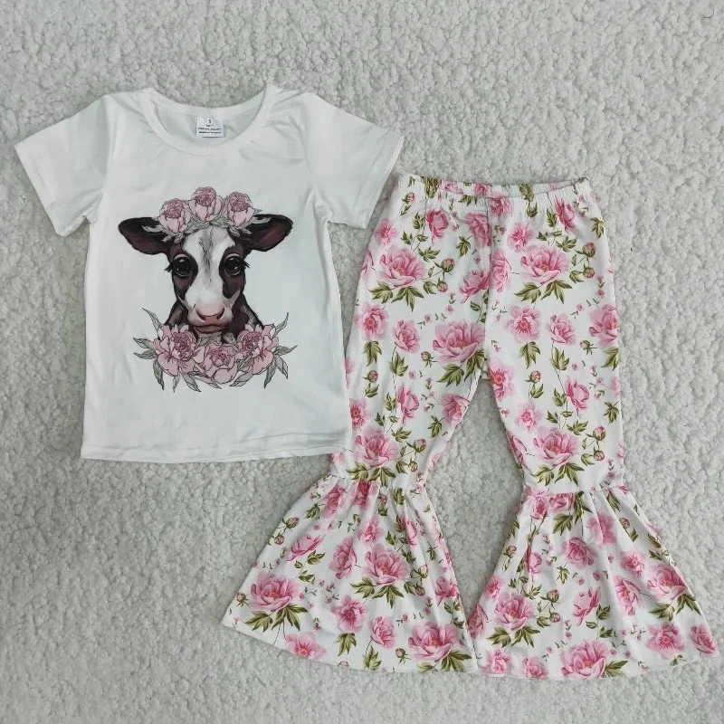 baby clothing sets girl Wholesale Children Baby Girls Spring Boutique Clothing Sets Kids Short Sleeve Letter Shirt Leopard Bell Pants Fashionable Outfit pajamas for birthday girl