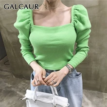 GALCAUR, Корейская тонкая футболка для женщин, квадратный воротник, пышная туника с длинным рукавом, короткая женская рубашка, осень, модная новая одежда