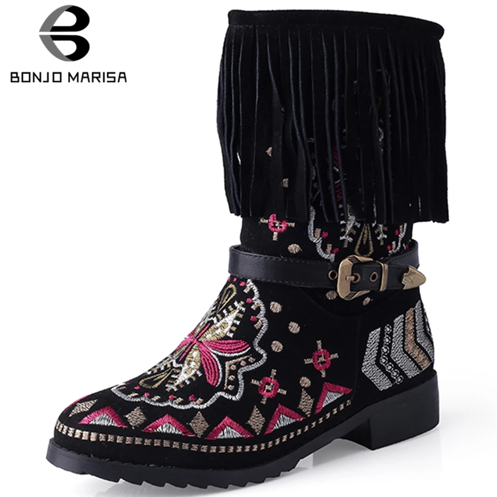 

BONJOMARISA 34-43 Brand Fashion Ethnic Genuine Leather Suede Ankle Boots Women 2019 Fringe Boots Lady Embroider Shoes Woman