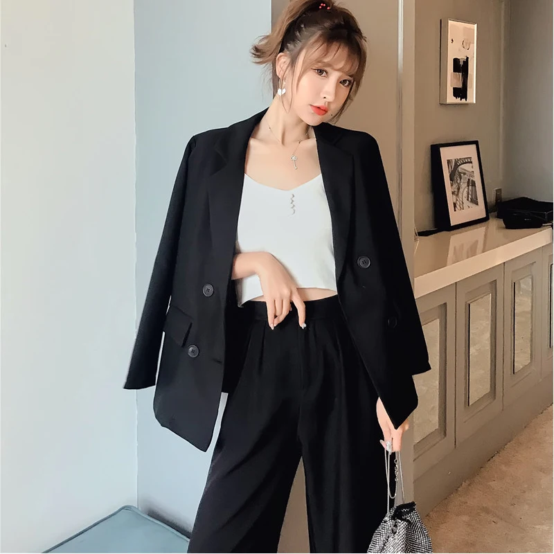 HziriP Brief Chic, Новинка осени, офисный женский однотонный блейзер с поясом+ винтажные повседневные штаны до щиколотки, комплект из 2 предметов