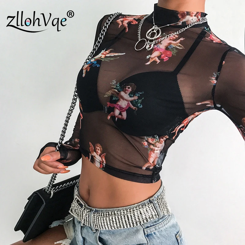 Zllohvqe Sexy T Shirt See Through Transparent Mesh Tops Long Sleeve Sheer Slim Ladies Turtleneck Print T-shirt Women