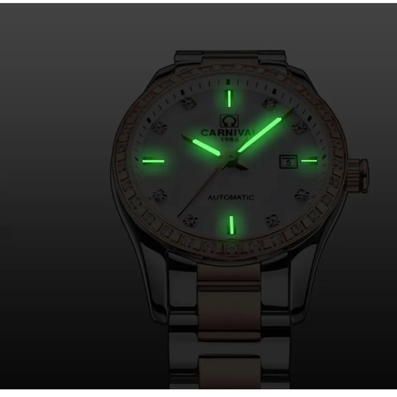 CARNIVAL Luxury Brand Mechanical Watches for Women Fashion Stainless Steel Automatic Wristwatch Waterproof Luminous Montre Femme