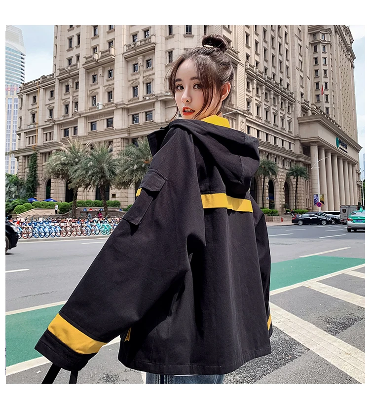 Korobov стиль сафари пальто женские Лоскутные с длинным рукавом с капюшоном Harajuku женские куртки корейские карманы на молнии Chaqueta Mujer 79014