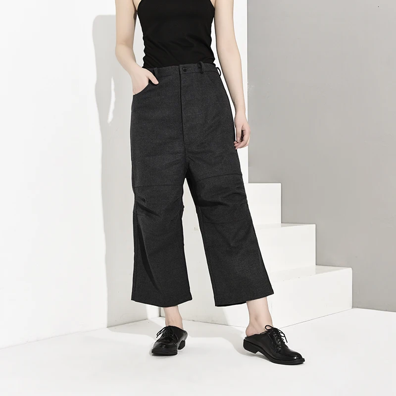 

[DEAT] 2020 Fashion High Waist Knee Fold Gray Blend Woolen Directly Loose Causal Ankle-lenght Pants Women Trousers YA77402
