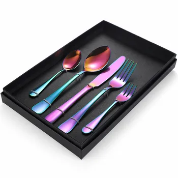

Kitchen Tableware Set Golden Cutlery Fork Spoon Knife Set Stainless Steel Cutlery with Box Rainbow Dinnerware Set 5 Pcs Flatware