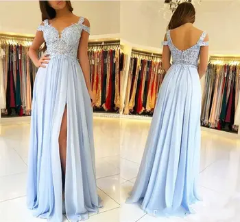 

2020 Sky Blue Bridesmaid Dresses With Side Split Lace Appliques Chiffon Wedding Guest Dresses Cheap Maid Of Honor Gowns