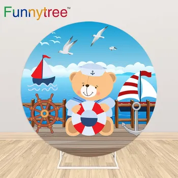 

Funnytree Sailor Bear Birthday Round Backdrop Baby Shower Circle Decorations for Girl Background Children Cartoon Custom Cover
