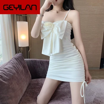 

New Strap Midi Dress Women Sexy Bandage Tight Party Clothing Pleated Elastic Spaghetti Bow Wrap Short Dresses 2020 Summer