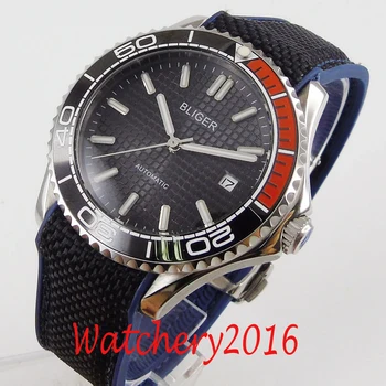 

BLIGER 41mm black dial luminous hands Sapphire Glass Rubber strap ceramic bezel date automatic movement Men's Watch