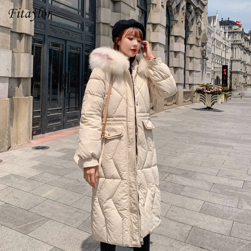 

Fitaylor Winter Jacket Women Large Fur Collar Hooded Parkas Medium Long Wadded Overcoat Slim Warm Jackets