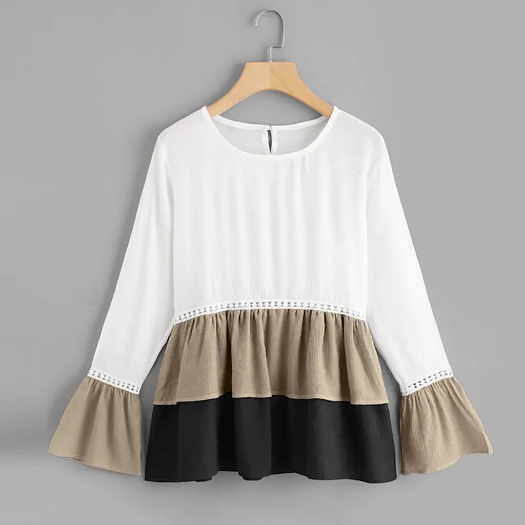 

Fashion Women T-shirt Patchwork Style Round Neck Top Long Sleeve
