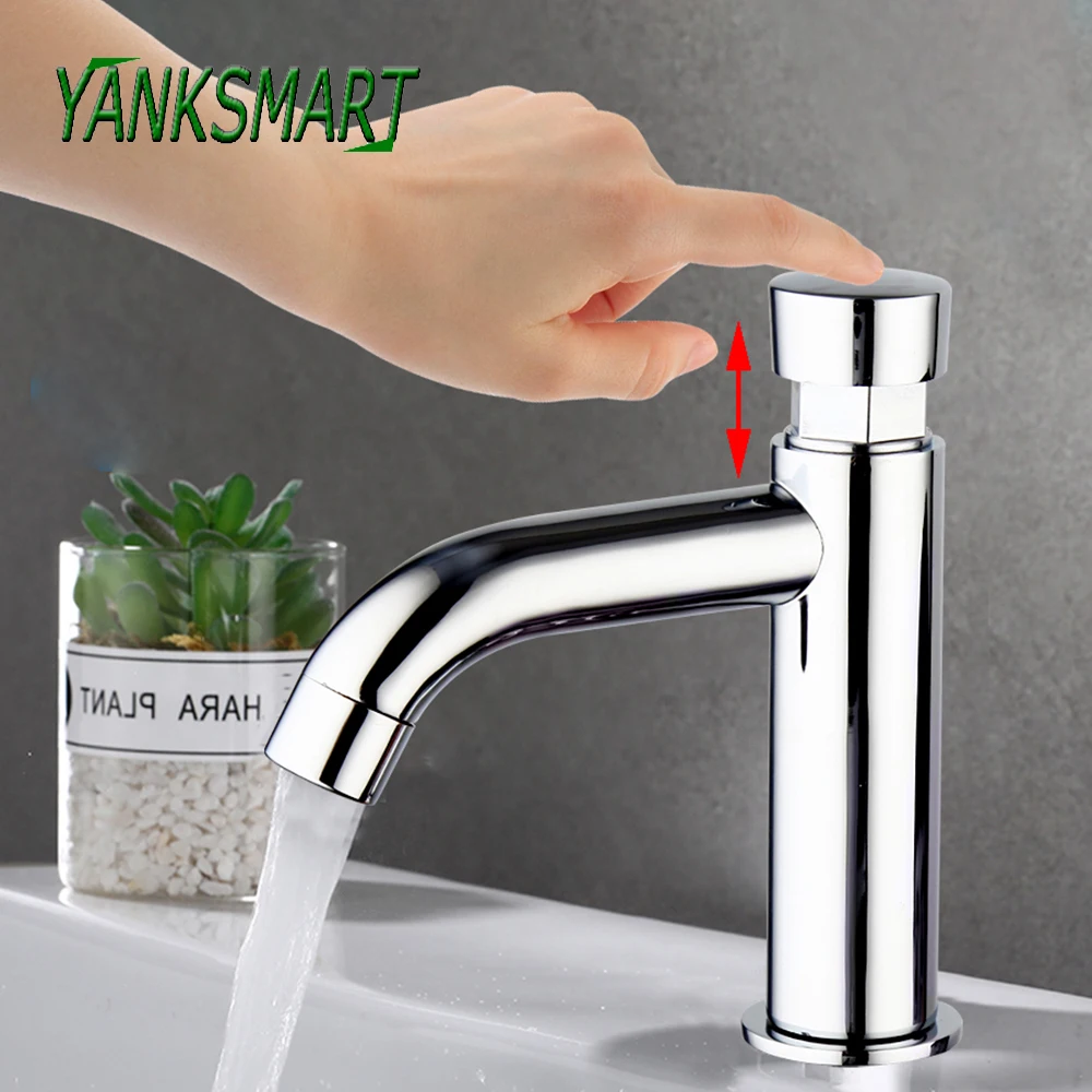 YANKSMART Luxury Chrome Polished Time Delay Faucet Basin Sink Deck Mounted Touch Press Auto Self Closing Only Cold Saving Tap |