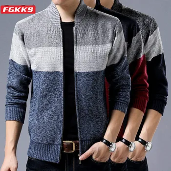 

FGKKS Sweater Coat Men's Autumn And Winter Plus Velvet Fleece Zipper Knit Striped Coat Stand Collar Cardigan