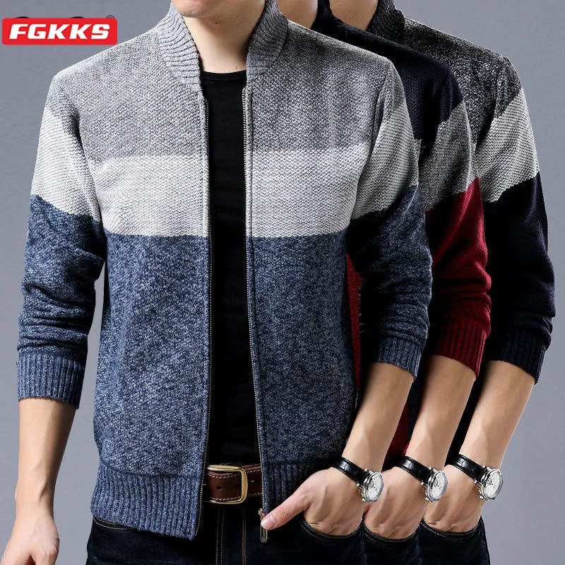 FGKKS Men Slim Sweater Coat Men's Autumn And Winter Plus Velvet Fleece Zipper Knit Striped Coat Stand Collar Cardigan FGKKS Men Slim Sweater Coat Men's Autumn And Winter Plus Velvet Fleece Zipper Knit Striped Coat Stand Collar Cardigan