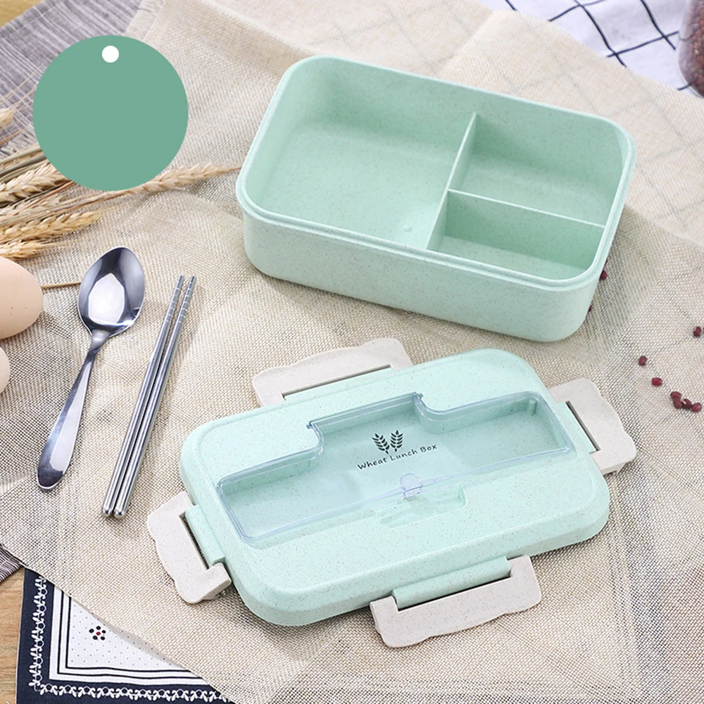 

2019 New Straw Wheat Student Heated Lunch Box Picnic Food Container Sealed with Spoons Chopsticks 3 Split Layers Food