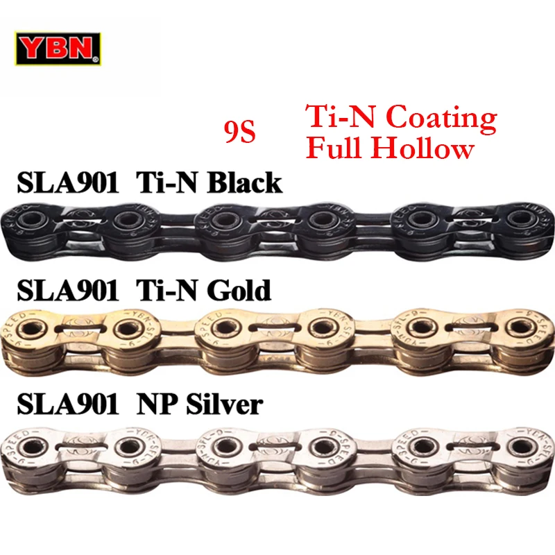 Flash Deal YBN SLA 9 Speeds Ti Coating Bicycle Chain for Brompton SHIMANO Campagnolo SRAM 9S 27S MTB Chain Full Hollow Ultralight 116 Link 0