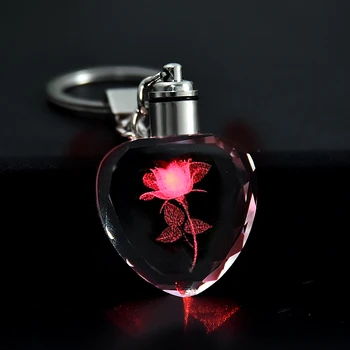Fashion Colorful Fairy Rose Flower Pattern Love Shape Crystal Rhinestone LED Light keychain Lover Key Chain Keyring Jewelry 1