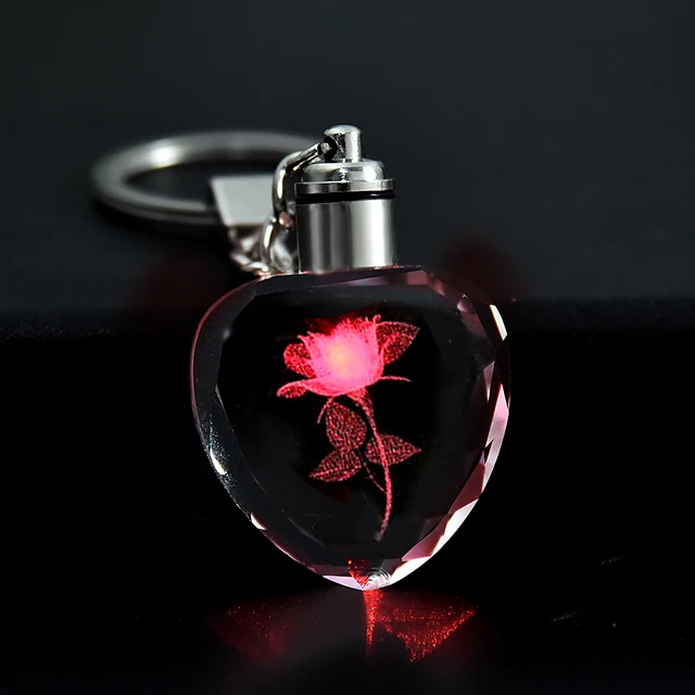 Fashion Colorful Fairy Rose Flower Pattern Love Shape Crystal Rhinestone LED Light keychain Lover Key Chain Keyring Jewelry 1