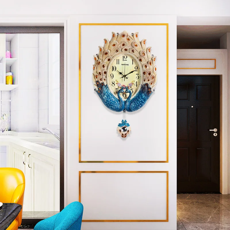 

Swingable Large Peacock Wall Clock Modern Design European Style Silent Crystal Watch Home Decor Living Room Hanging Clocks
