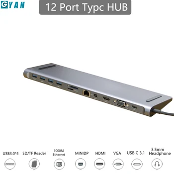 

Type c docking station 12 in 1 Aluminum to HDMI Card Reader RJ45 PD for Charger Audio MacBook Samsung Galaxy usb c Hub