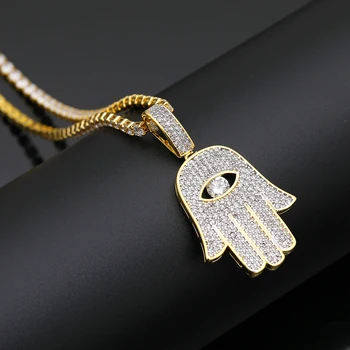 

Hip Hop Micro Paved AAA Cubic Zirconia Bling Iced Out Evil Eye Fatima Hand Amulet Pendants Necklace for Men Rapper Jewelry