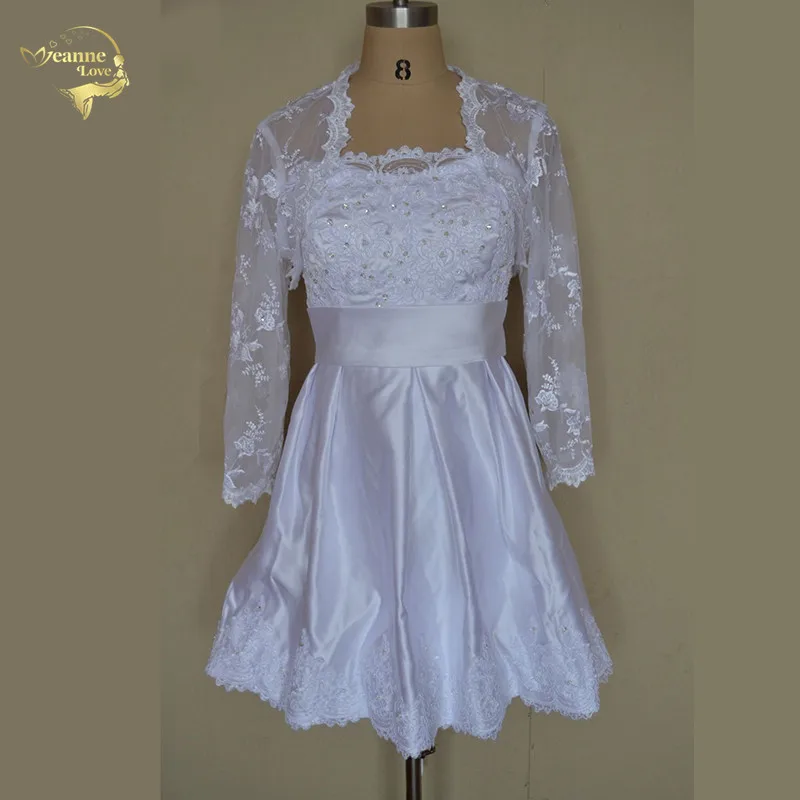 Best A Line Fashion New Short Wedding Dresses 2021 Plus Size White Vestido De Noiva With Long Sleeve Lace Jacket Robe Mariage | Свадьбы и